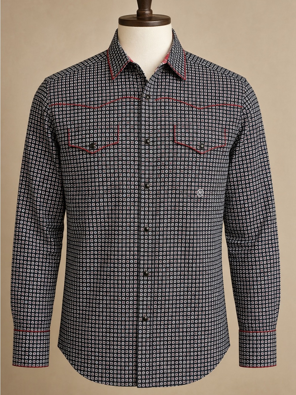 Roper Men’s Large Geometric Pearl Snap Western Shirt Red Piping